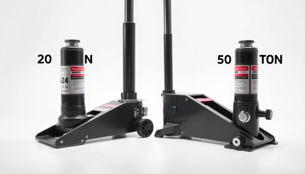 Side-by-side floor jack size comparison between 20-ton and 50-ton capacity models
