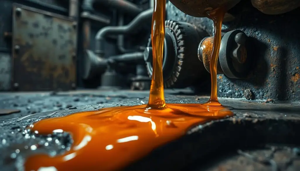 Hydraulic fluid sample showing contamination particles under laboratory analysis