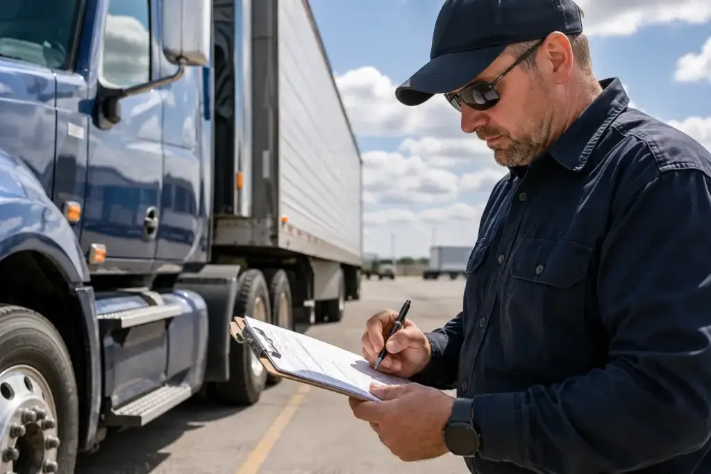FMCSA inspector reviewing compliance paperwork beside a commercial semi-truck during a daytime roadside safety inspection.