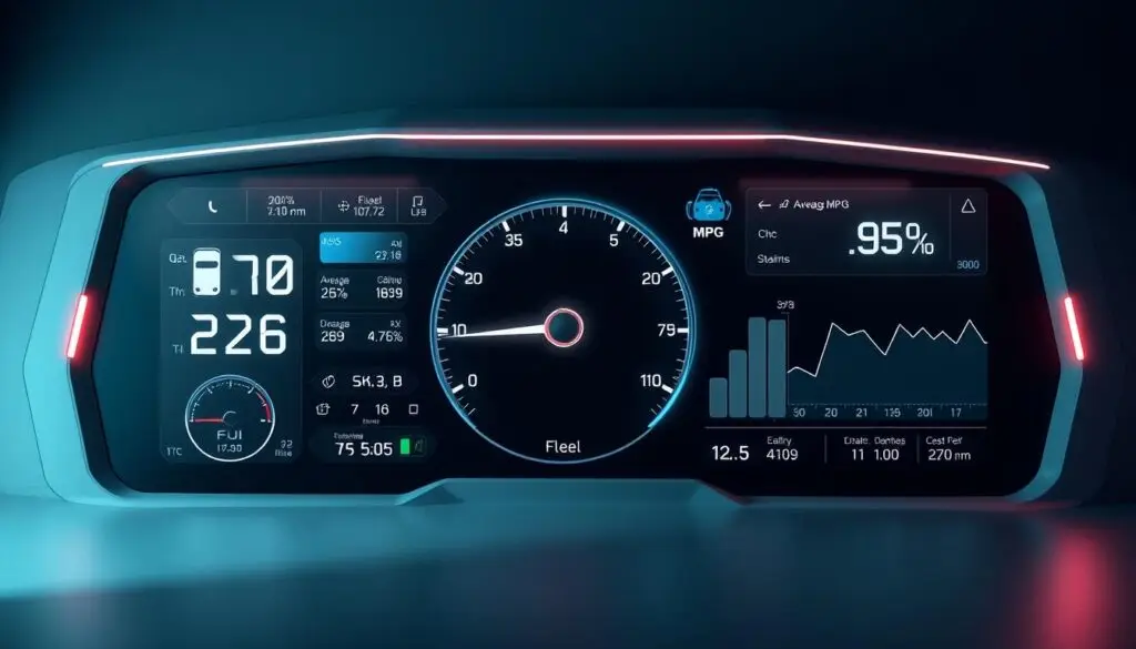 Fuel consumption monitoring dashboard displaying fleet-wide analytics and vehicle performance metrics