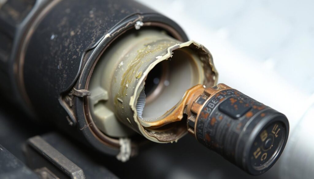 Close-up of contaminated fuel rail pressure sensor showing debris damage to sensing element