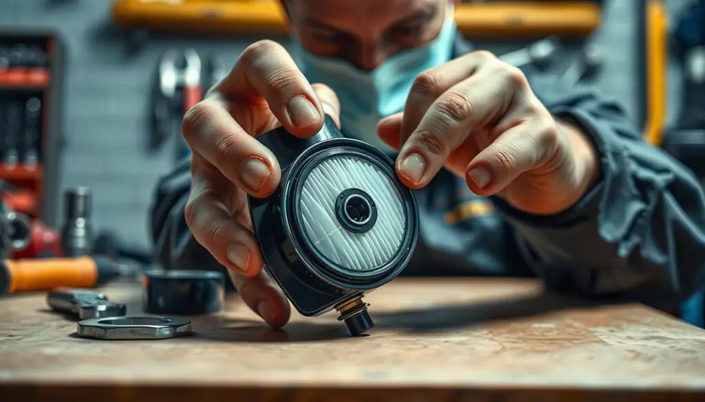 Diesel fuel filter being inspected for contamination and restriction during maintenance