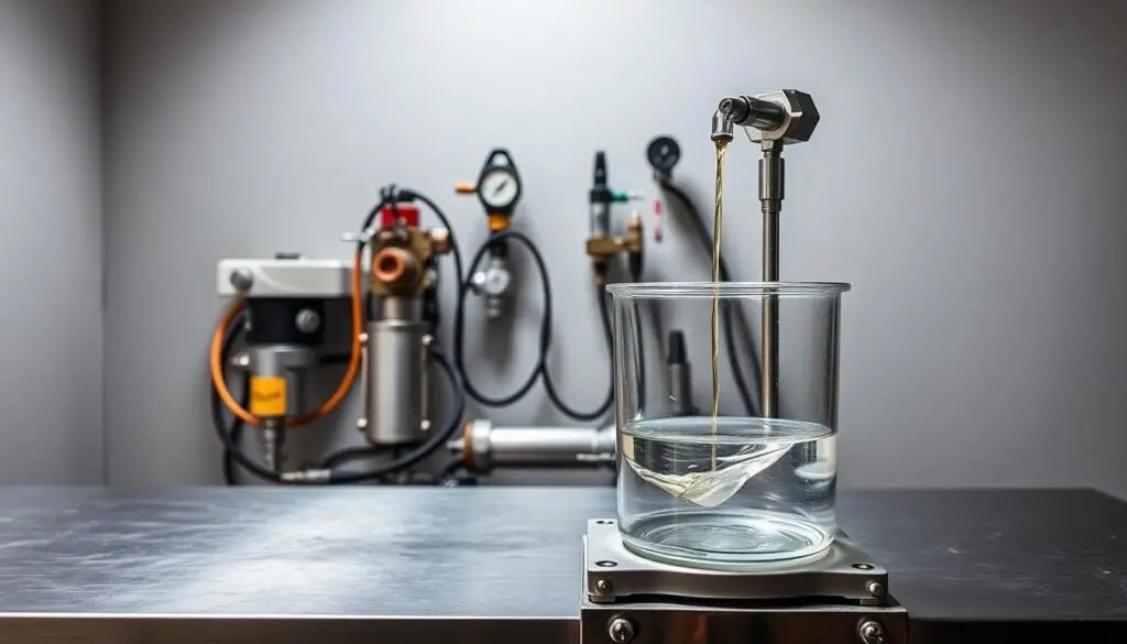 Fuel flow volume test setup showing graduated container and timing equipment