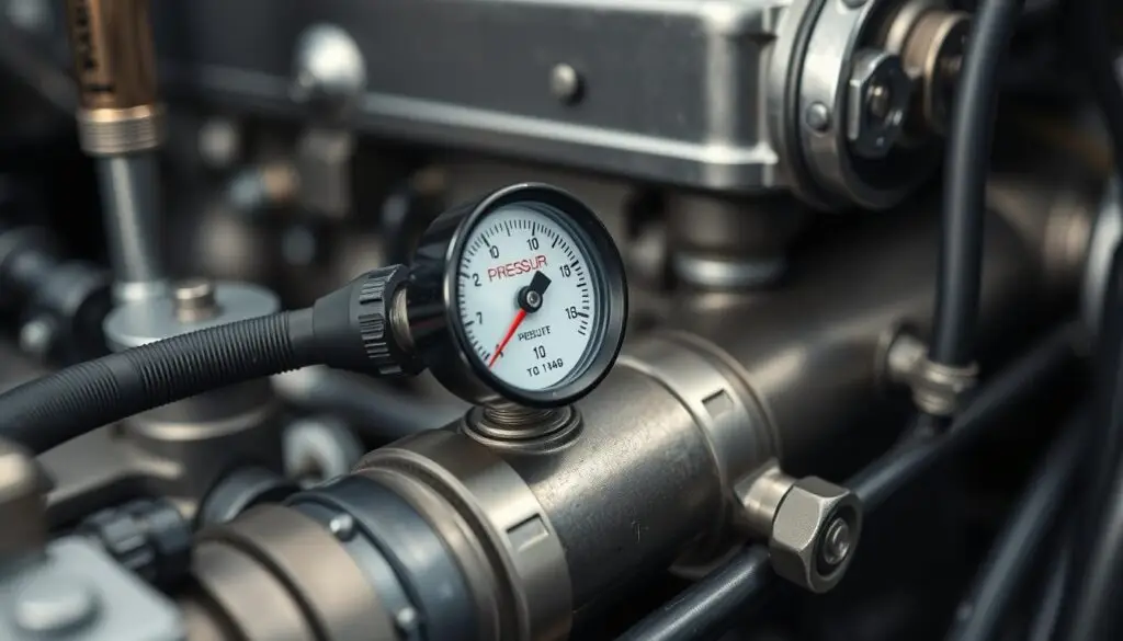 mechanic reading fuel pressure gauge at diesel filter housing test port