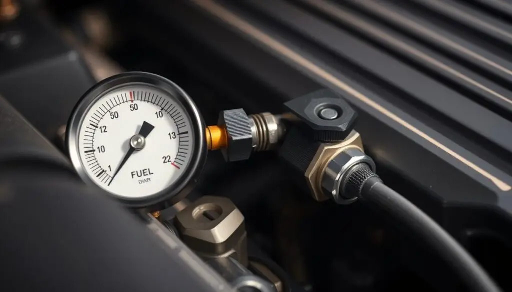 Technician connecting fuel pressure gauge to test port on commercial vehicle fuel rail