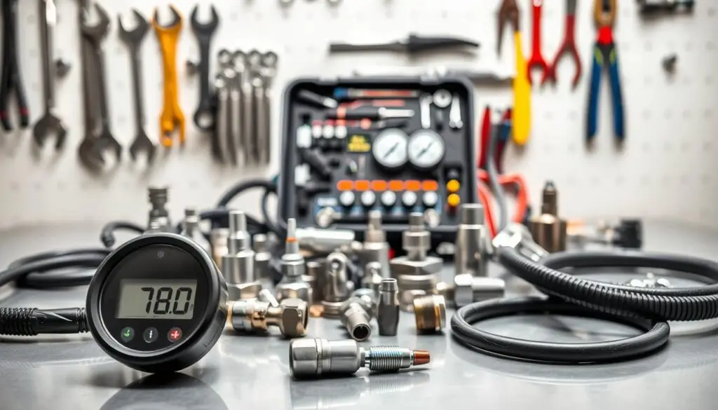 Professional fuel pressure gauge kit with adapters and fittings for commercial vehicle diagnosis
