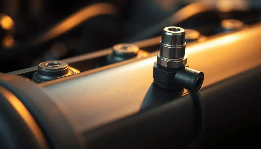 Technician locating fuel rail pressure sensor on heavy-duty diesel engine