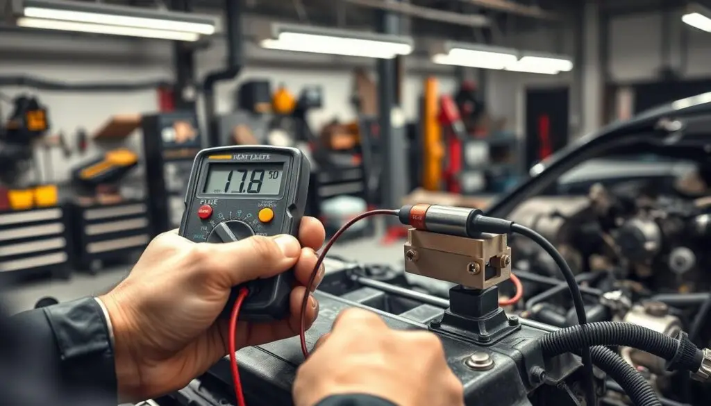 Technician using scan tool to diagnose fuel pressure sensor symptoms on diesel engine