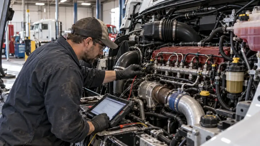 Diesel technician diagnosing a fuel rail pressure sensor and common-rail fuel system on a heavy-duty truck using a diagnostic tablet inside a commercial repair shop.