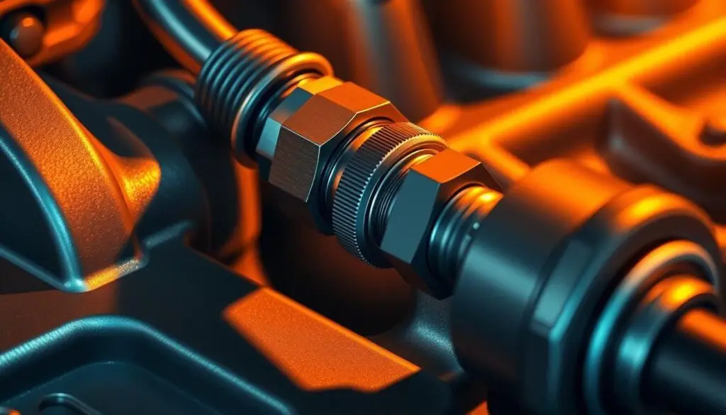 Pressure gauge connected to common rail fuel system test port showing proper equipment setup