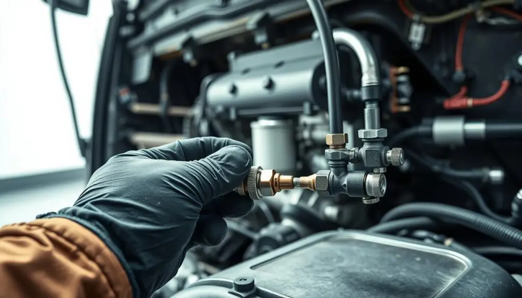 Diesel technician performing fuel system bleeding procedure after filter replacement