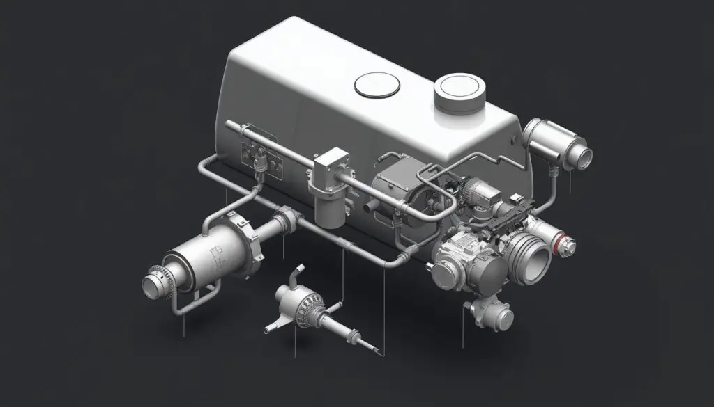 Commercial vehicle fuel system diagram showing tank, lines, filters and pump assembly connections