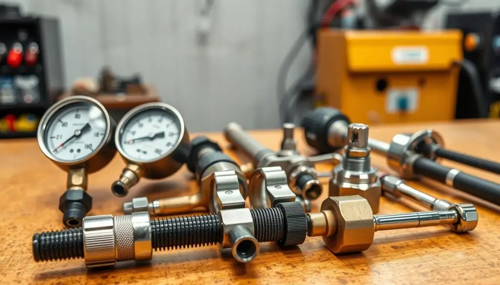 Diesel fuel system diagnostic tools including pressure gauge and scan tool