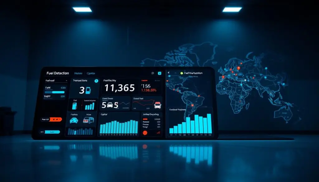 Fuel theft detection system dashboard monitoring unauthorized fuel purchases and transaction anomalies