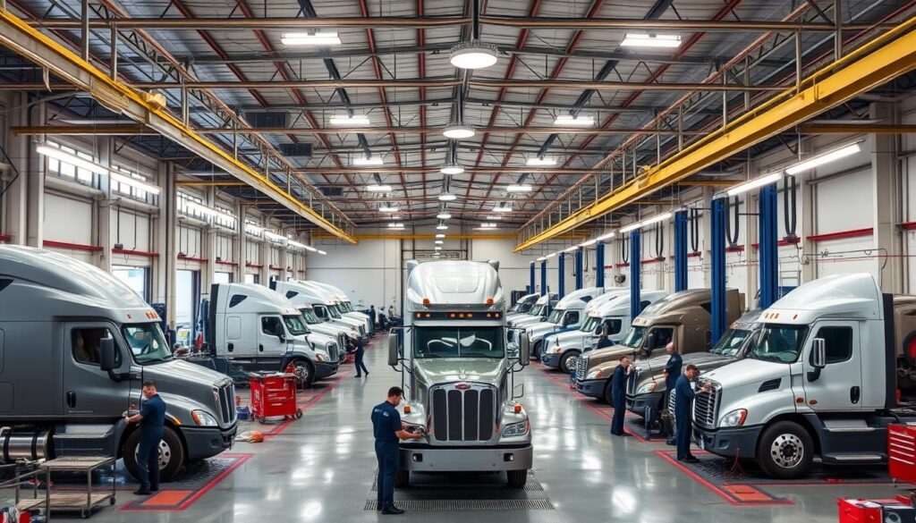 Full-service commercial truck repair bay with lift equipment and diagnostic stations