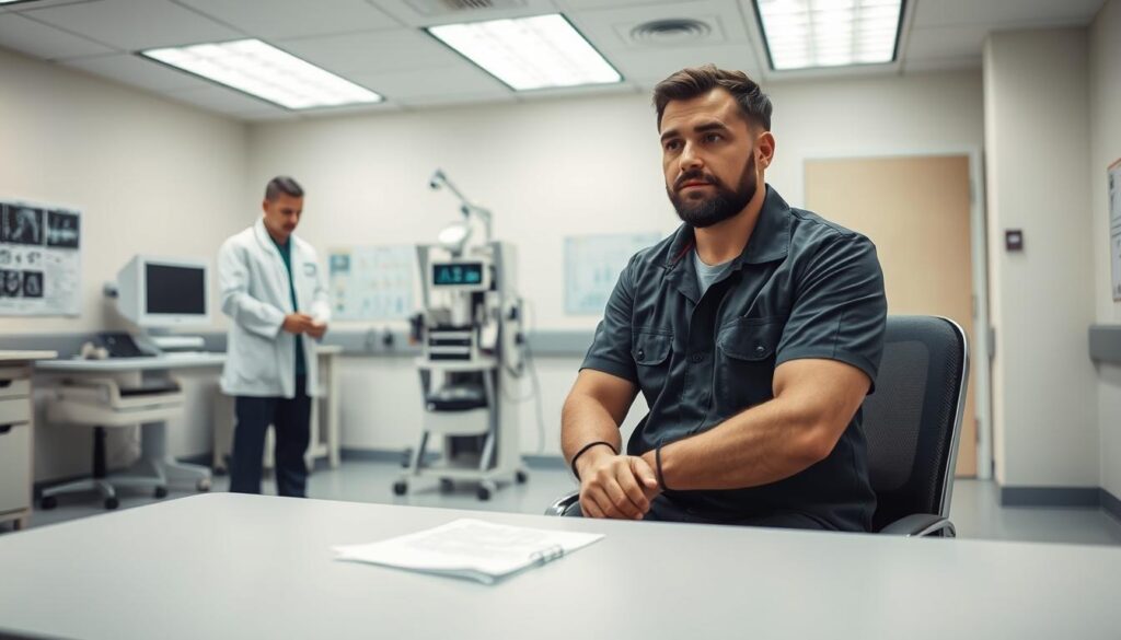 Physical therapist conducting functional capacity evaluation with diesel technician