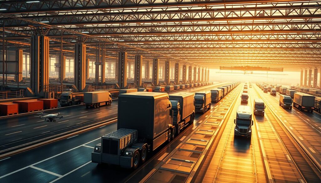 Remote operations center with multiple monitors showing autonomous truck fleet positions and status indicators