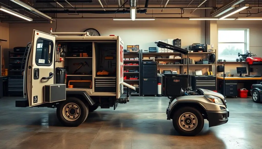 Mobile mechanic service truck with customer vehicle showing garagekeepers coverage protection scenario