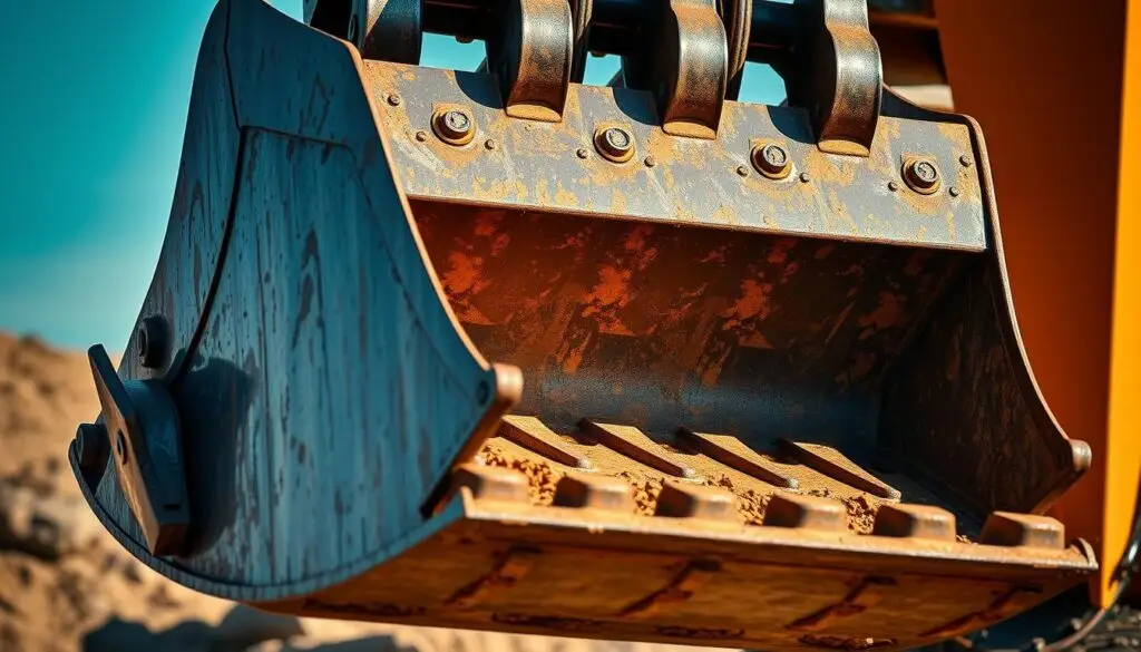 Close-up of general purpose excavator bucket teeth and cutting edge