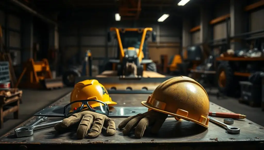 Required personal protective equipment for motor grader blade maintenance including safety glasses, gloves, and steel-toed boots