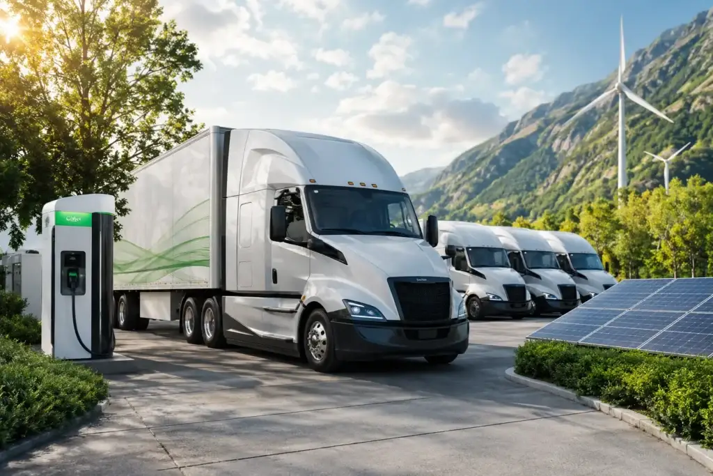 Modern electric semi truck charging at a sustainable fleet depot with solar panels, wind turbines, and clean energy infrastructure in a mountain landscape.