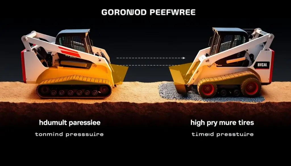 Visual comparison showing ground pressure distribution between tracked and wheeled compact loaders