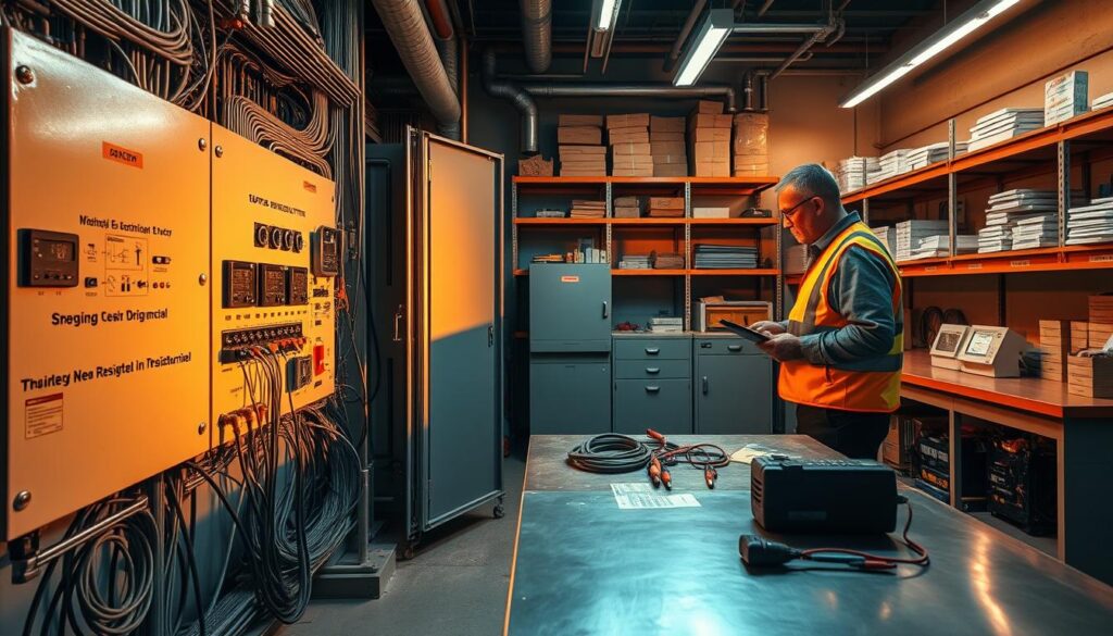 Technician performing ground resistance testing on industrial equipment grounding system