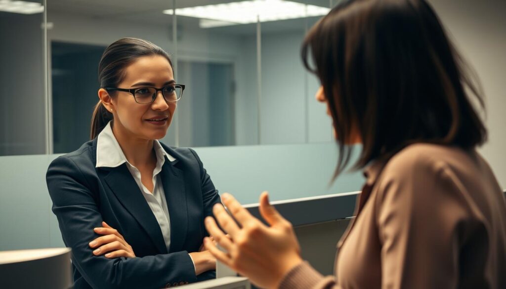 Service professional calmly handling upset customer at heavy-duty shop