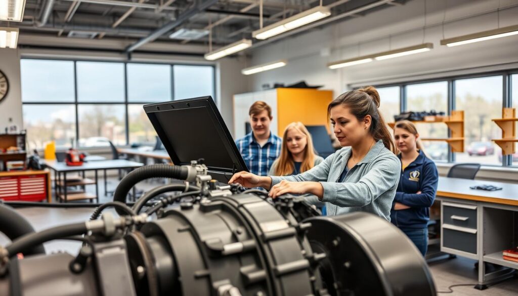 Students performing hands-on diesel engine diagnostics in modern technical training lab