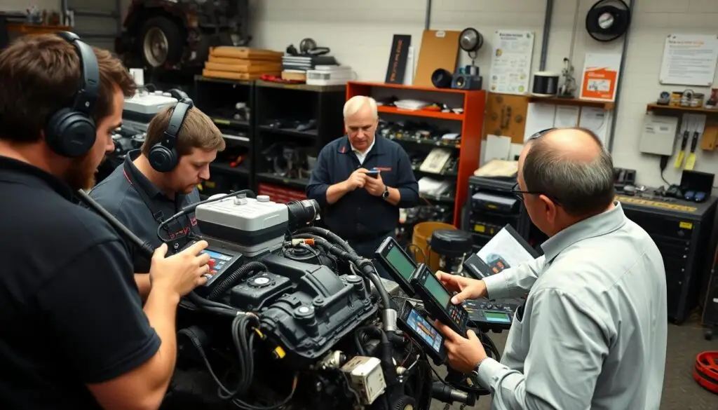 Students working at diagnostic stations during hands-on diesel training workshop