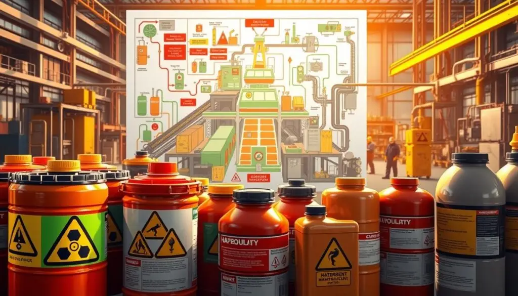 Properly labeled chemical containers with GHS hazard communication symbols