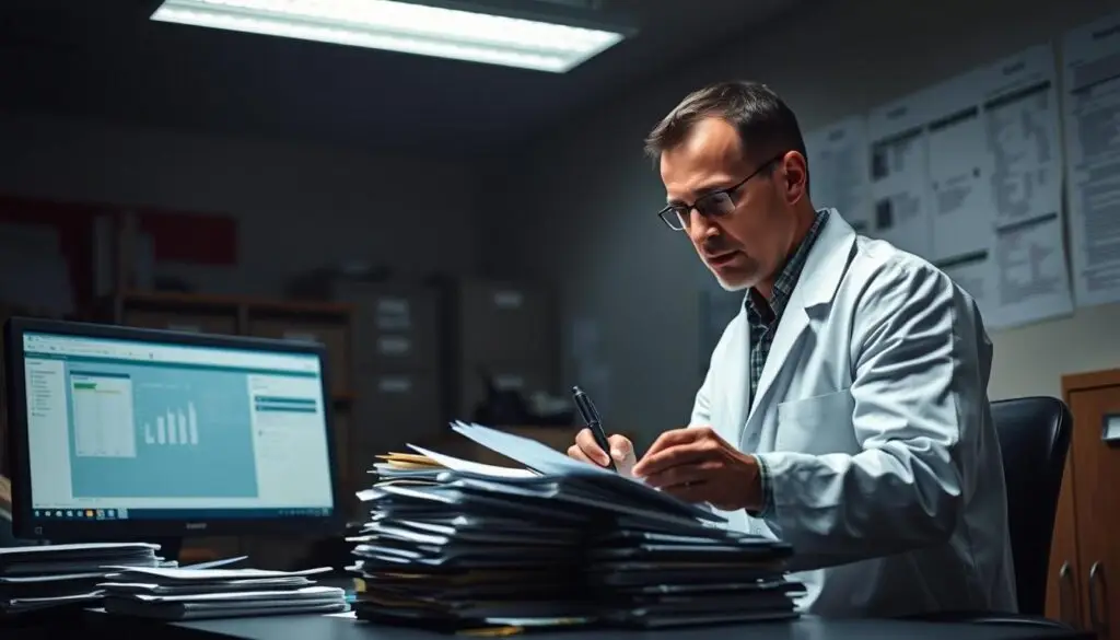 diesel shop manager reviewing hazardous waste manifest and disposal documentation