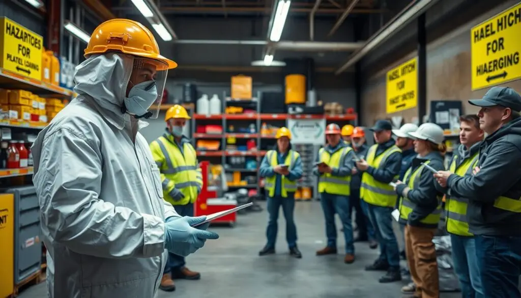 diesel shop supervisor conducting hands on hazmat handling training for technicians