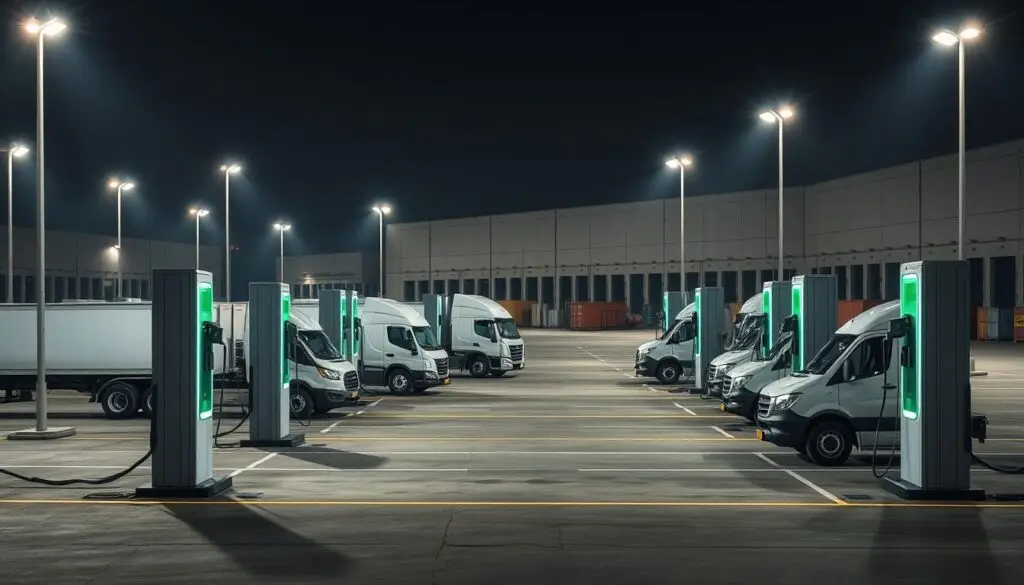 Commercial charging stations at fleet depot with multiple Class 8 electric trucks charging overnight