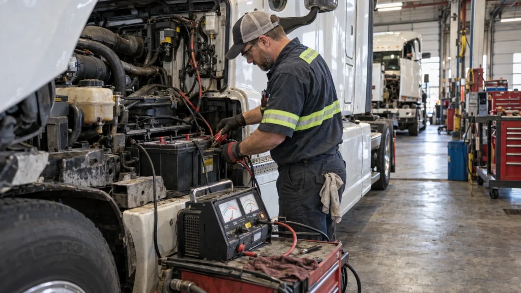 Heavy-duty diesel technician performing a battery load test on a semi-truck inside a commercial repair shop using diagnostic equipment connected to the truck’s starting batteries.