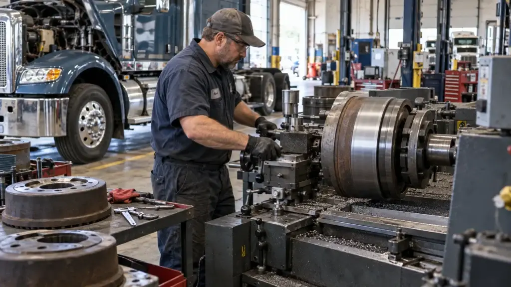 Heavy-duty diesel technician operating a brake lathe to machine a large commercial truck brake drum inside a busy Class 8 repair shop.