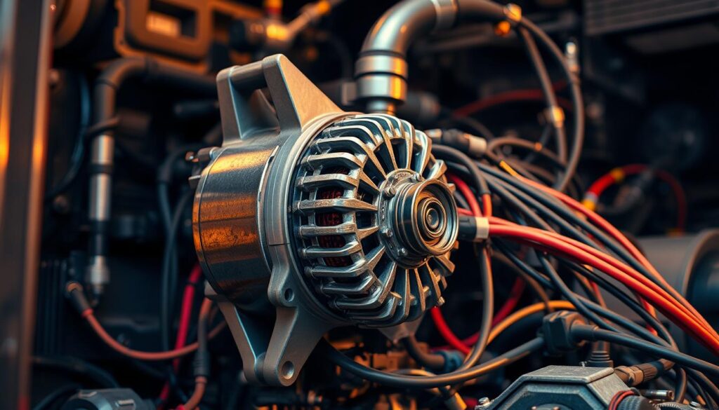 Heavy-duty charging system components including alternator, batteries, and wiring on a commercial truck