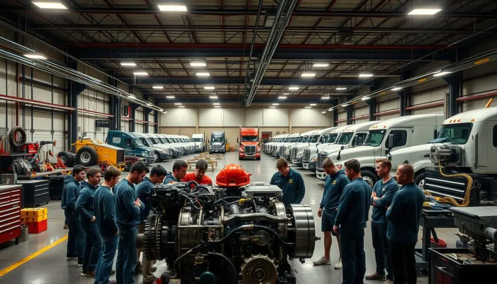 Heavy duty diesel apprentice performing maintenance on construction equipment