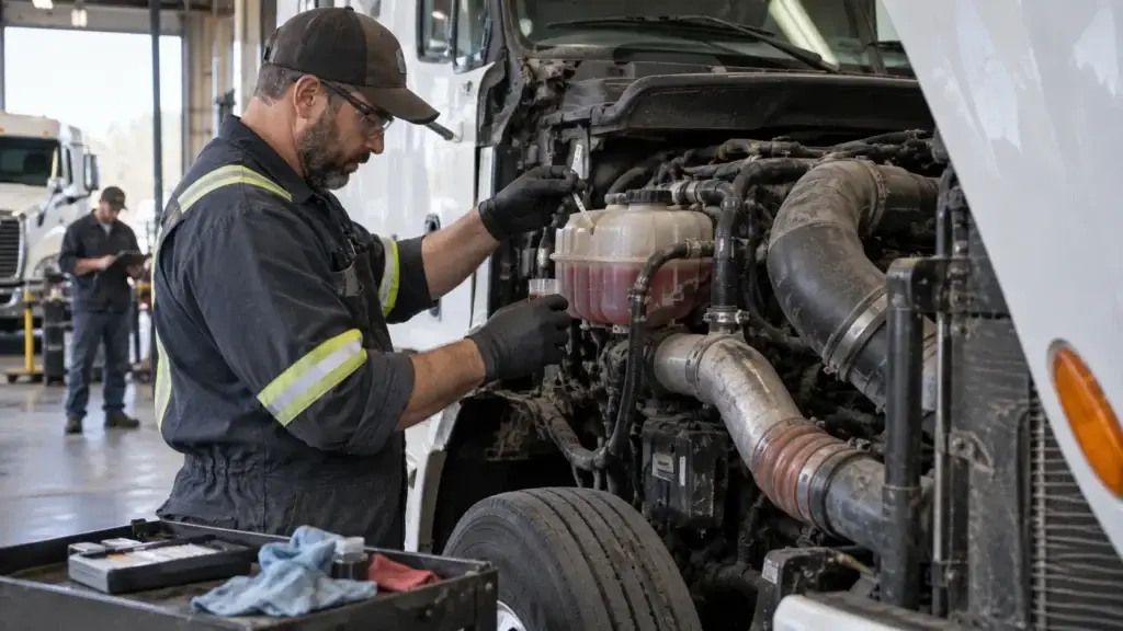 Diesel technician testing coolant condition in the engine bay of a North American Class 8 semi truck during preventive maintenance.