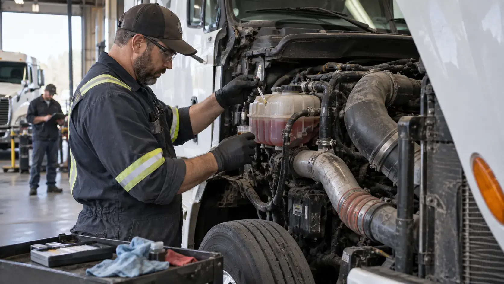 Diesel technician testing coolant condition in the engine bay of a North American Class 8 semi truck during preventive maintenance.