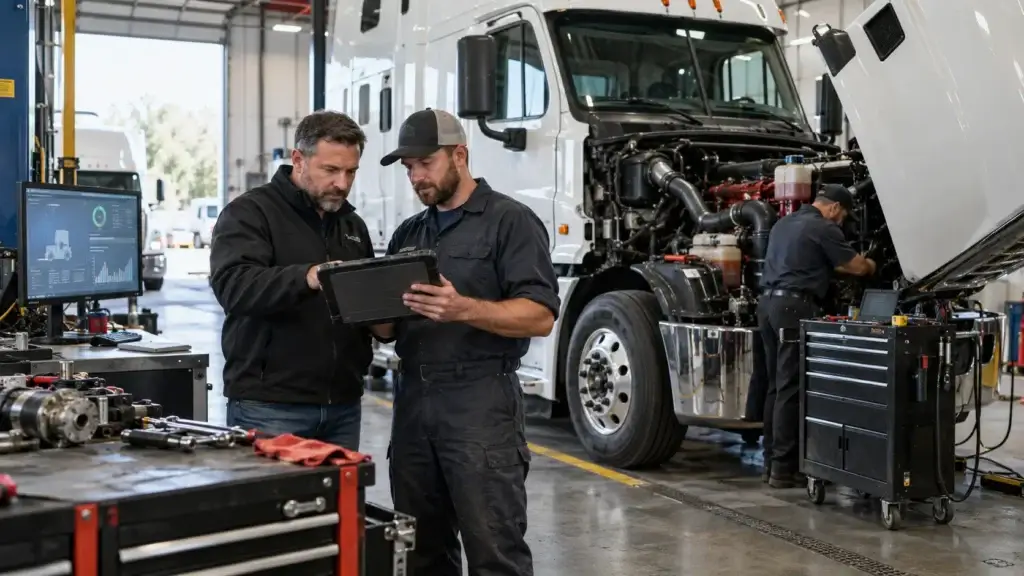 Fleet manager and diesel technician using maintenance software beside a Class 8 truck in a heavy-duty fleet shop.