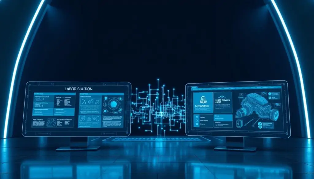 Side-by-side comparison display of major heavy duty shop management software platform interfaces