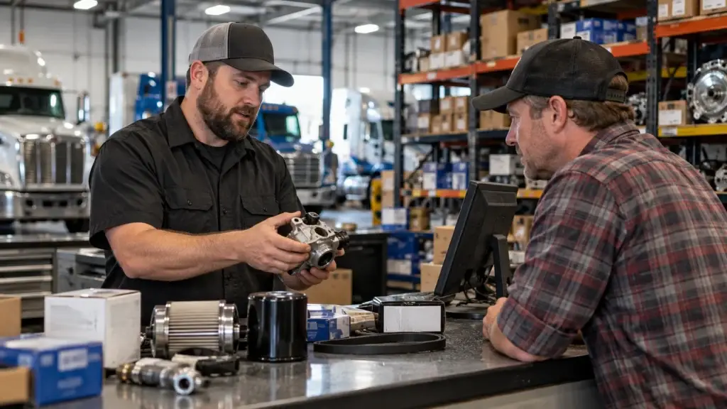Heavy-duty truck parts supplier helping a customer identify the correct commercial vehicle component at a warehouse parts counter with stocked shelves and semi-trucks in the background.