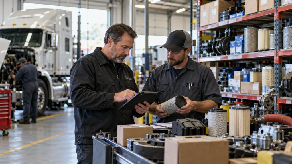 Heavy-duty truck repair shop staff reviewing critical diesel parts and inventory availability while a Class 8 truck is serviced in the background.