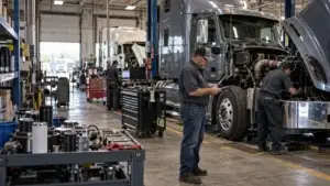 Heavy-duty truck repair shop with technicians servicing Class 8 trucks while a service manager reviews workflow and productivity in an organized commercial diesel facility.