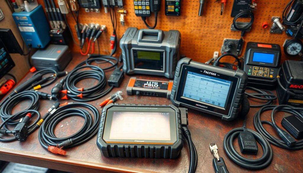 Heavy-duty diagnostic scan tool displaying engine data on commercial diesel truck