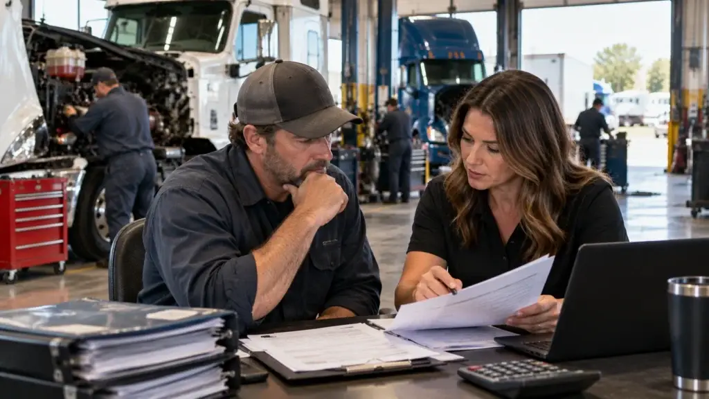 Heavy-duty repair shop owner reviewing insurance costs and coverage inside a commercial truck service facility