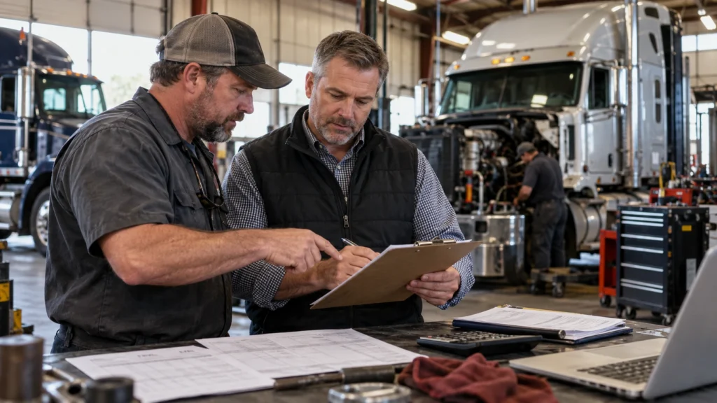 Heavy-duty repair shop owner and service manager reviewing labor rate calculations, repair paperwork, and shop costs while a Class 8 truck is serviced in the background.