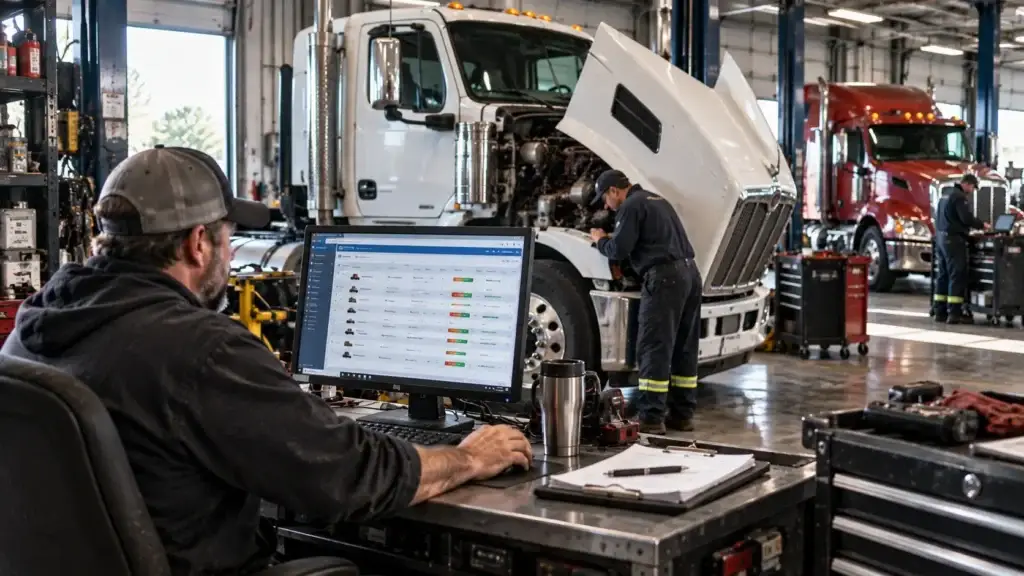 Heavy-duty repair shop manager using shop management software while diesel technicians service commercial trucks