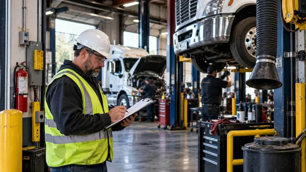 Heavy-duty truck repair shop safety inspection with technician reviewing OSHA compliance procedures